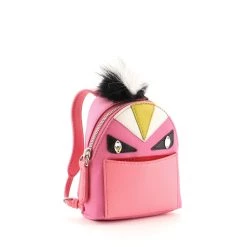 women Fendi Monster Backpack Bag Charm Nylon with Leather and Fur Micro Pink
